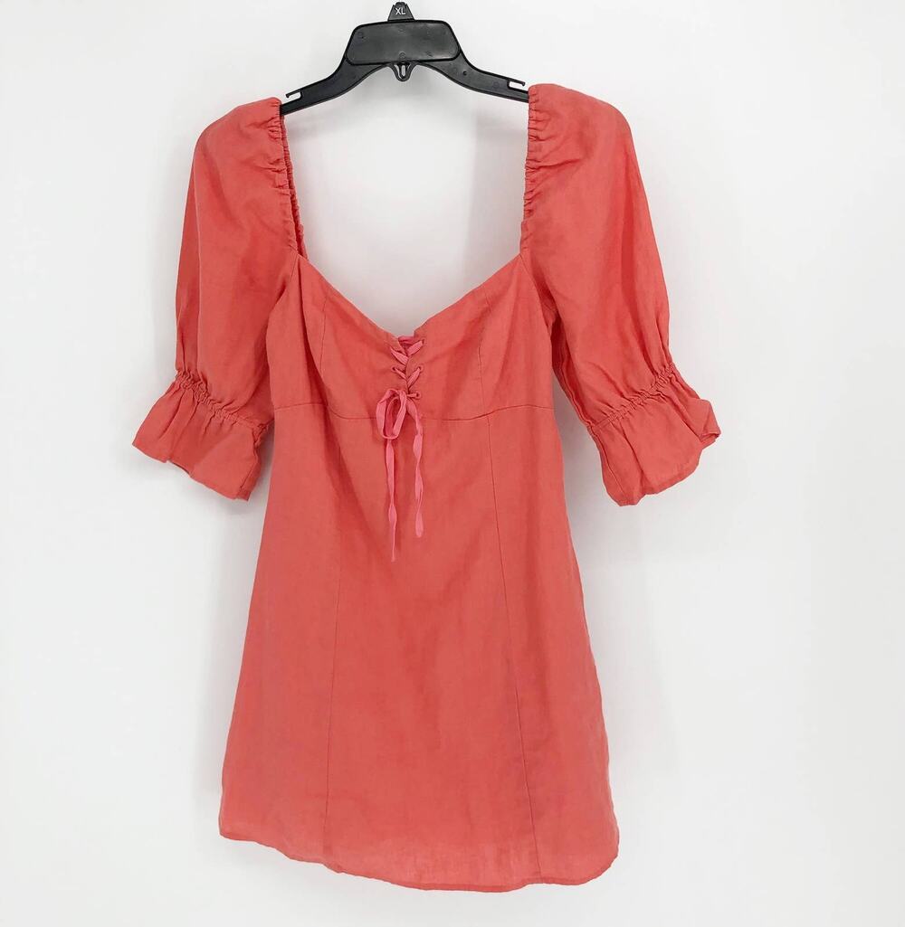 Wilfred Stanza Dress Small Coral Pink Linen Puff Sleeve Square Neck Lace-Up